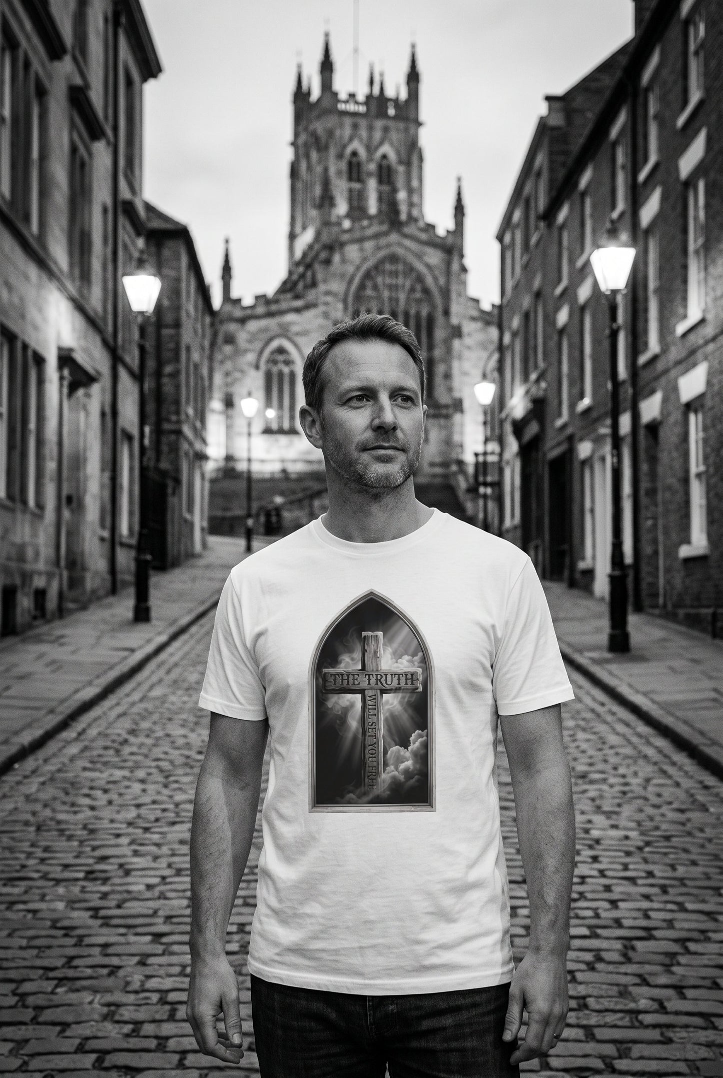 The Truth Will Set You Free – Cathedral Light Cross T-Shirt